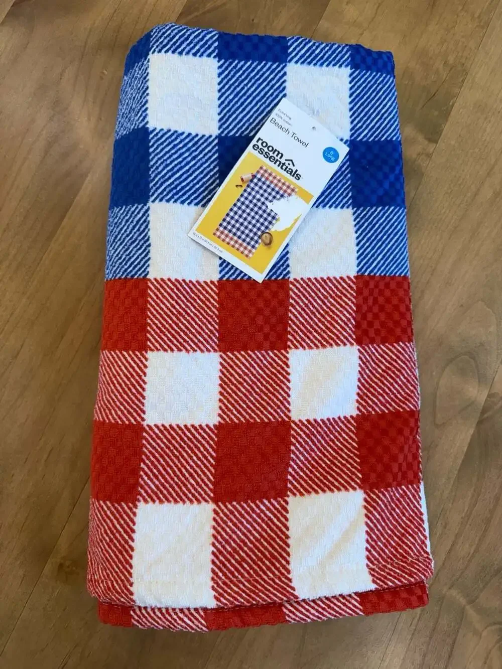 Room Essentials Extra Long Gingham Beach Towel Red and Blue New